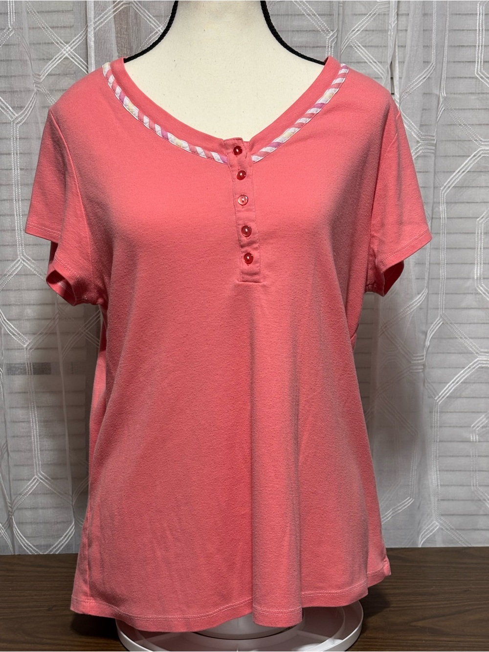 Earth Angel L Coral Short Sleeve Henley Top - Women 22 p2p 25L
